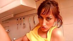 Outstanding German chick riding a loaded pecker in the kitchen
