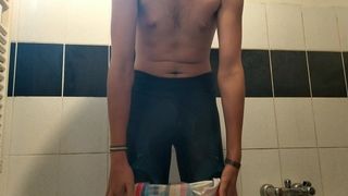 Me pissing in striped swimsuit and workout tights