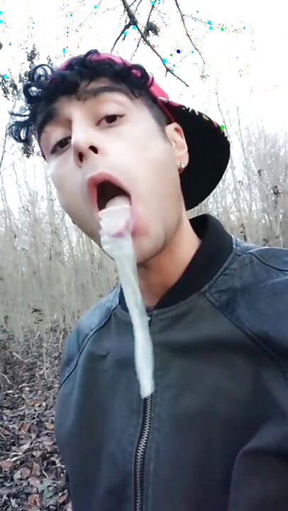 Twink Uses Cum Filled Condom After Fuck Like Bubble Gum and Puts on a Condom on His Tongue
