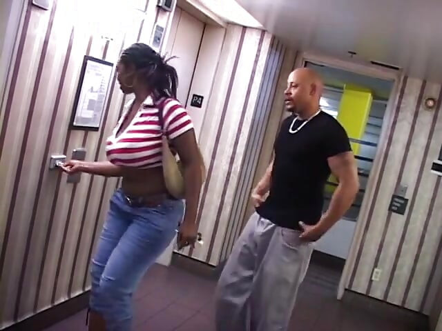Happy cute ebony babe with incredible boobs gets cock in doggy style
