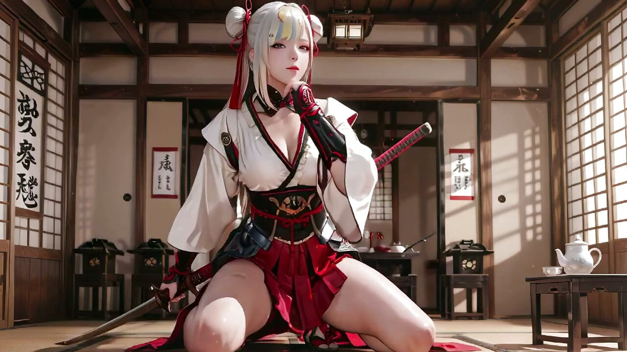 Guerreira do quimono vermelho e branco! De joelhos no tatami com duas lâminas, o olhar hipnotizante da rapariga de cabelo prateado.