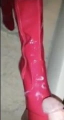 Red pvc thigh boots cumshot