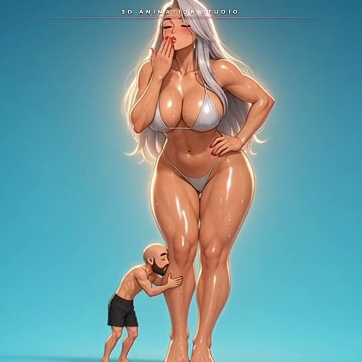 Silver-haired Anime Giantess Bounces on Her Toes While a Tiny Man Hugs Her Ankle