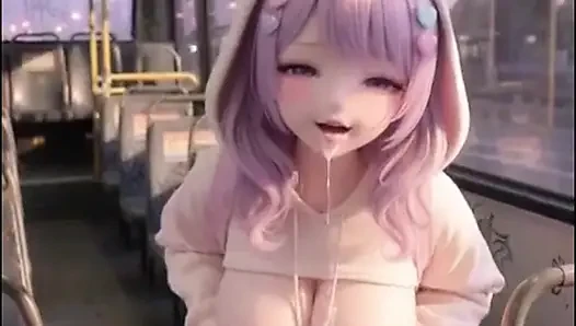 Shy kawaii hentai girl, alone on public bus