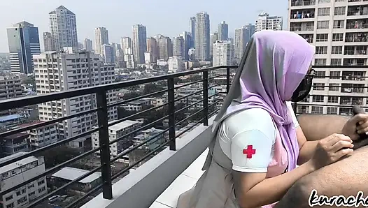 Hijab Cheating Nurse Step Sister blowjob at hospital Balcony