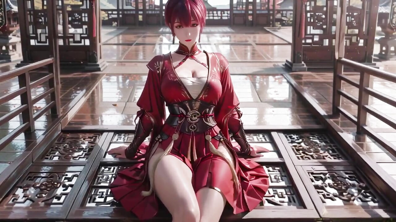 Purple-haired War Maiden in High-slit Kimono, Kneeling to Tease Your Eyes with a Fiery Gaze and a Wet, Forbidden Whisper.