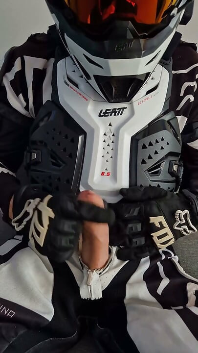 Motorcyclist in Gear Cum Hot on Himself
