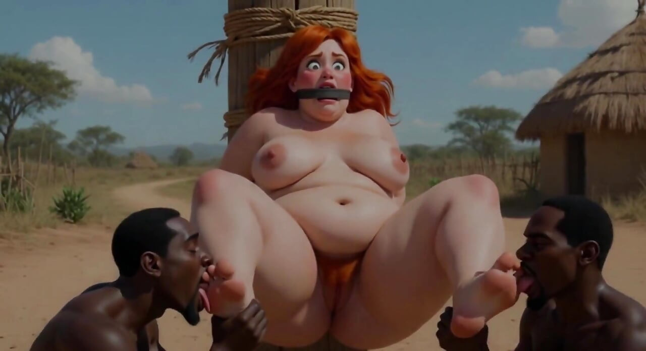 Captured Fat Redhead SSBBW in Africa - Body Licked by Black Tribe