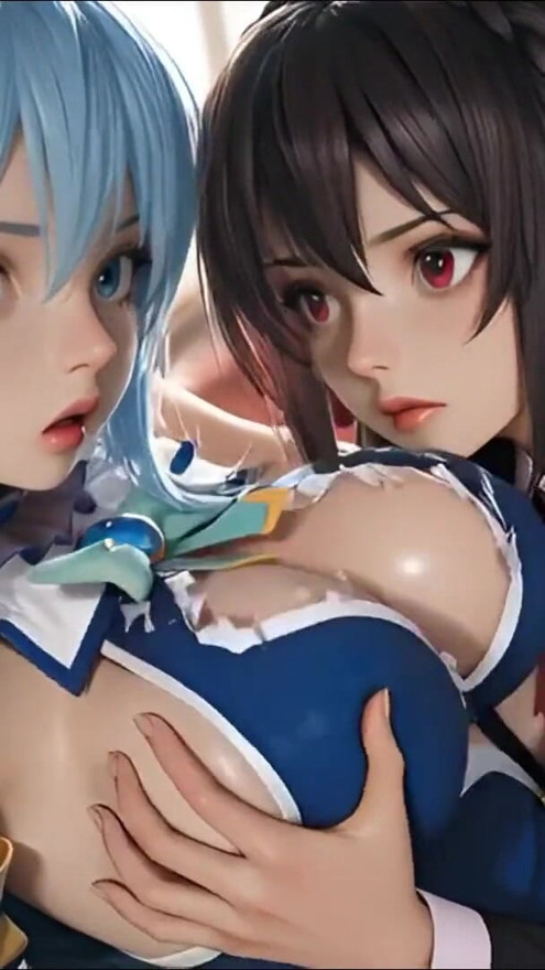 Sfw Aqua og Yunyun fra Konosuba myk visning med berøring og kyssing lesbisk | klipp 1