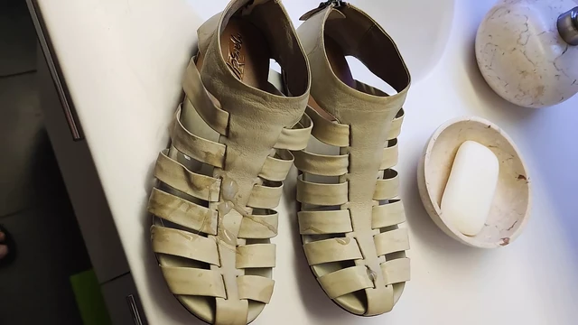 Cum in my wife’s expensive new leather sandals