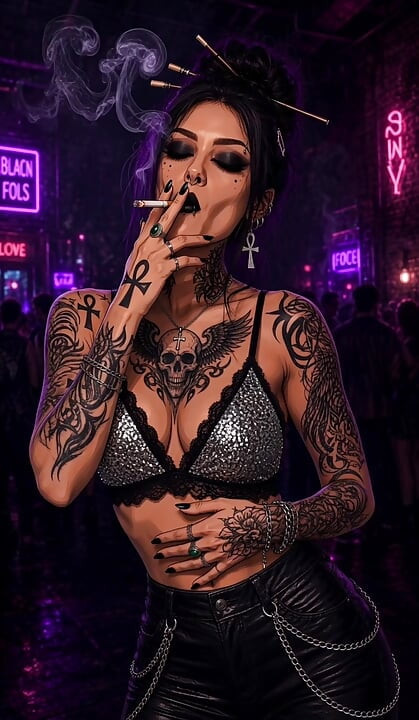 AI generated skinny goth returns with a friend smoking big tits goth kissing virtual sex two girls smoking kissing bouncing tits