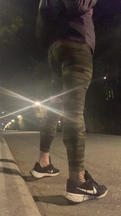 Public sissy showing yoga pants
