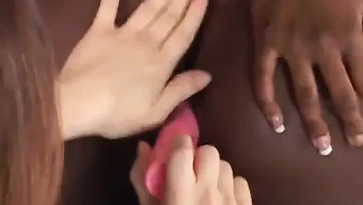 Ebony babe is fucking her brunette friend's pussy while MILF is touching her tits