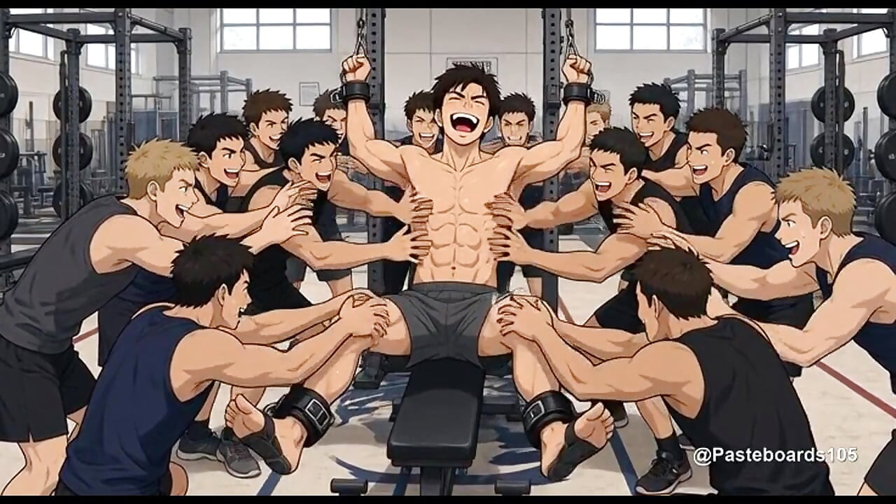 Coach's Punishment - Strapped To The Bench, Tickled By The Whole Squad (2D Anime Bara)