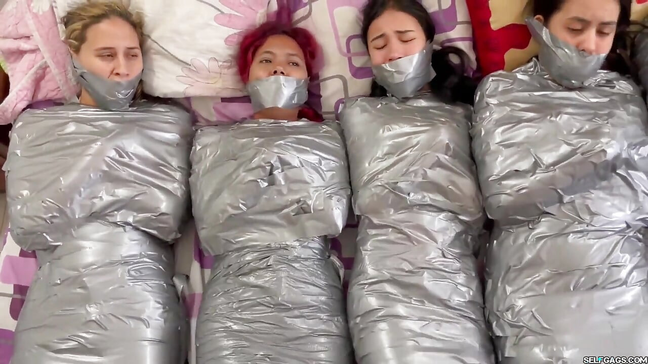 5 Mummified Girls Struggle All Wrapped up and Gagged!