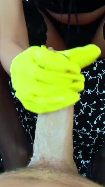 Emotional moment from "German Femdom Teen Gives Spit and Gloves Handjob To Slave's Dick in POV"