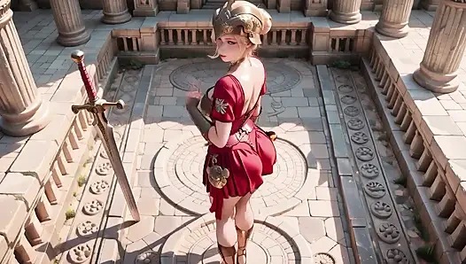 Red Armor Queen! Forbidden Gaze in the Roman Corridor, Skirt Lift Reveal, Hand on Lips Teasing You...