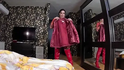 Fetish jumpsuit nilon merah menggoda, sepong kontol sampai crot di dalam