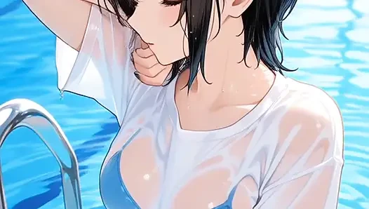 Japanische MILF-mutter schüttelt am pool riesige titten im nassen höschen