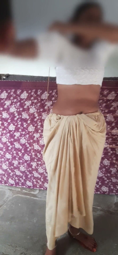 Stepsister is trying to touch stepbrother sister wearing blouse bra saree after taking open bathroom bath | Clip 1