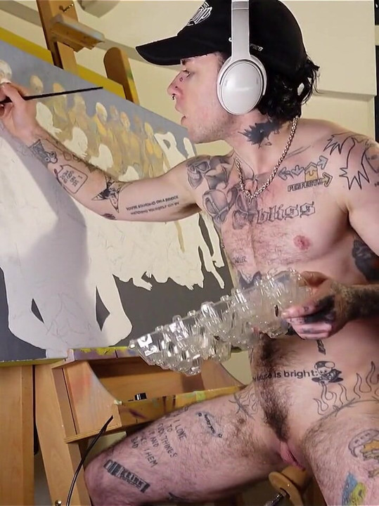 Horny Ftm Artist XXX Skips Works on a Painting While Getting His Pink Boy Pussy Pounded by a Fucking Machine