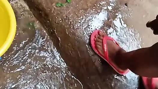 Curved shaped gf blooming outside,naked feeling herself