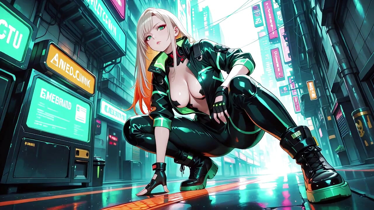 Neon Rain Night! Blonde Agent in Wet Leather Crouching Low, Holographic Glow & Cold Glances.