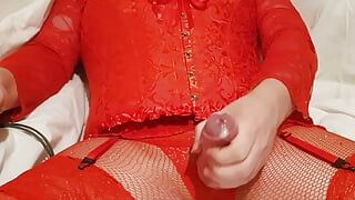Travestito CorsetLoverCD si masturba e viene in tutta lingerie rossa