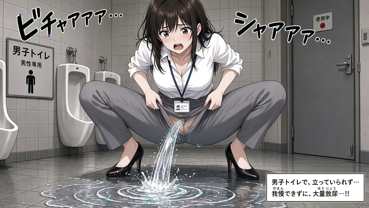 Uma jovem japonesa mijando em um banheiro masculino e na rua