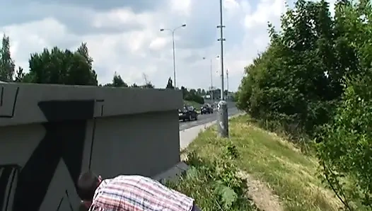 Outdoor fuck for a blonde in black stockings