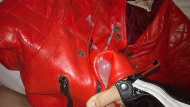 red leather jacket wank and cum