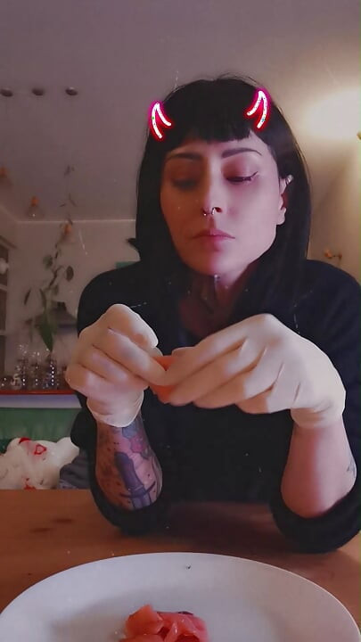 i'm hungry now eating salmon WHITE LATEX GLOVES GODDESSLOLLI