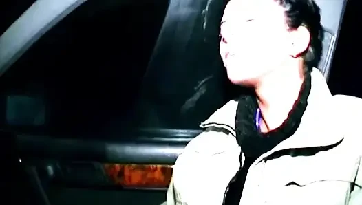 Brünette fingert sich im dunklen auto tief