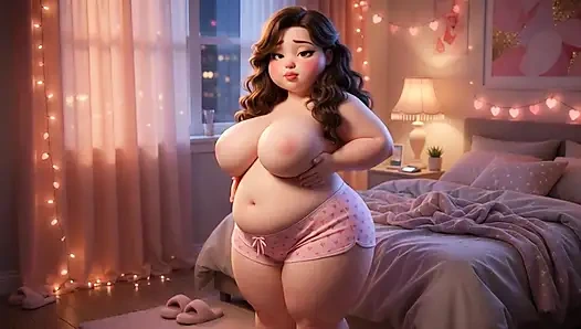 Pralle mollige stiefschwester strippt langsam und enthüllt ihrem stiefbruder im schlafzimmer ihren vollen, weichen, kurvigen nackten körper