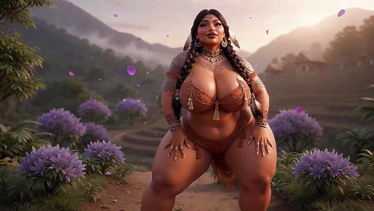 선셋 빌리지에서 거대한 젖탱이를 보여주는 매력적인 원주민 부족 비 스트립