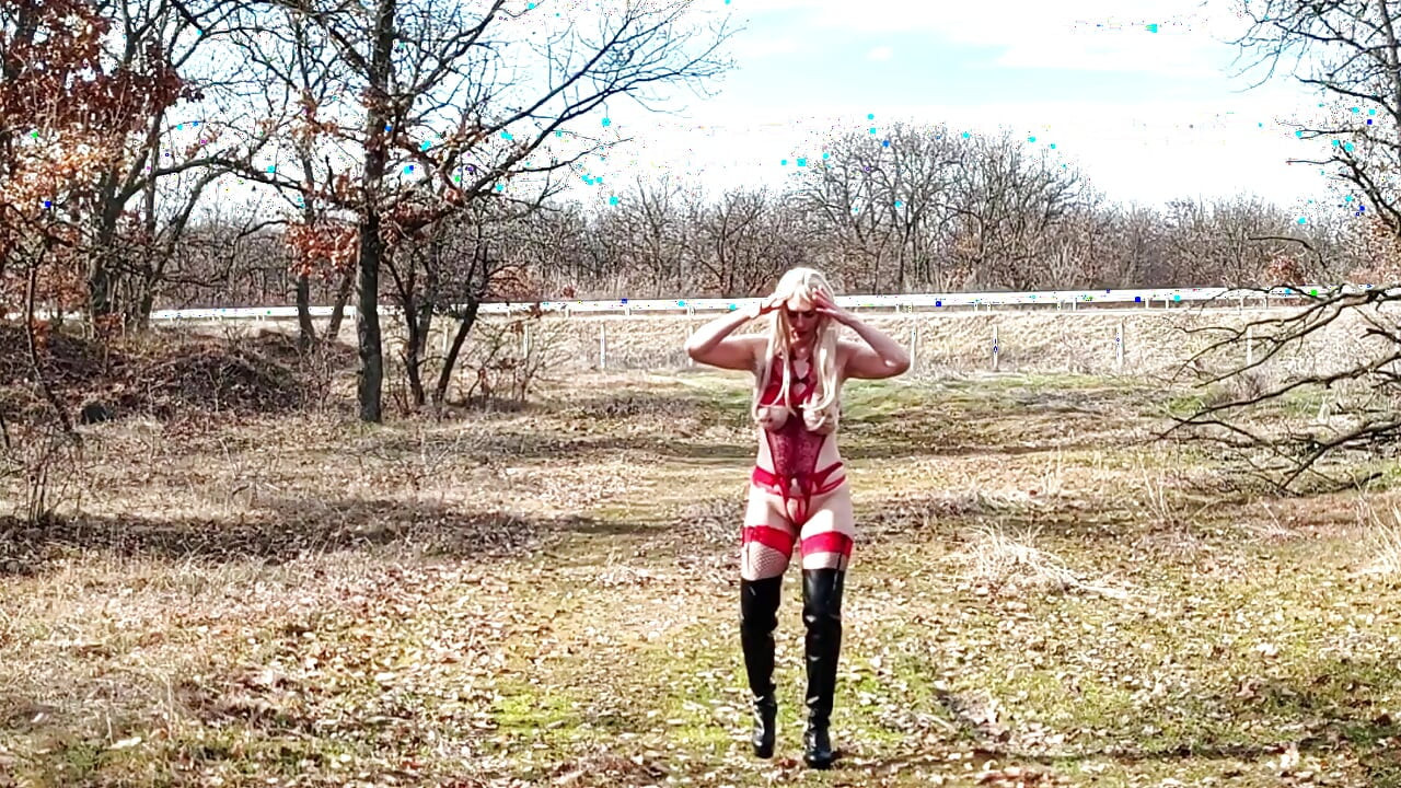 Little Whore Strips off Her Red Bodysuit on the Highway Part 1