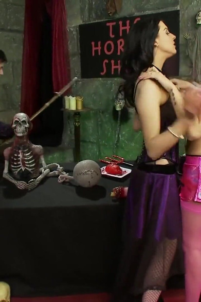 Hot babes suck a massive cock then get fucked in turns