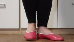 Fetish wearing pink leather gymnastic slipper flats