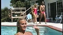 Dudes share two blonde sluts with nice tits outdoors