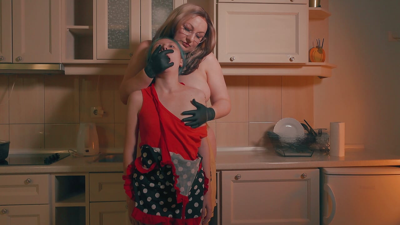 Gloved Hand Over Mouth - Big Stepmom Inspects & Humiliates Skinny Stepdaughter