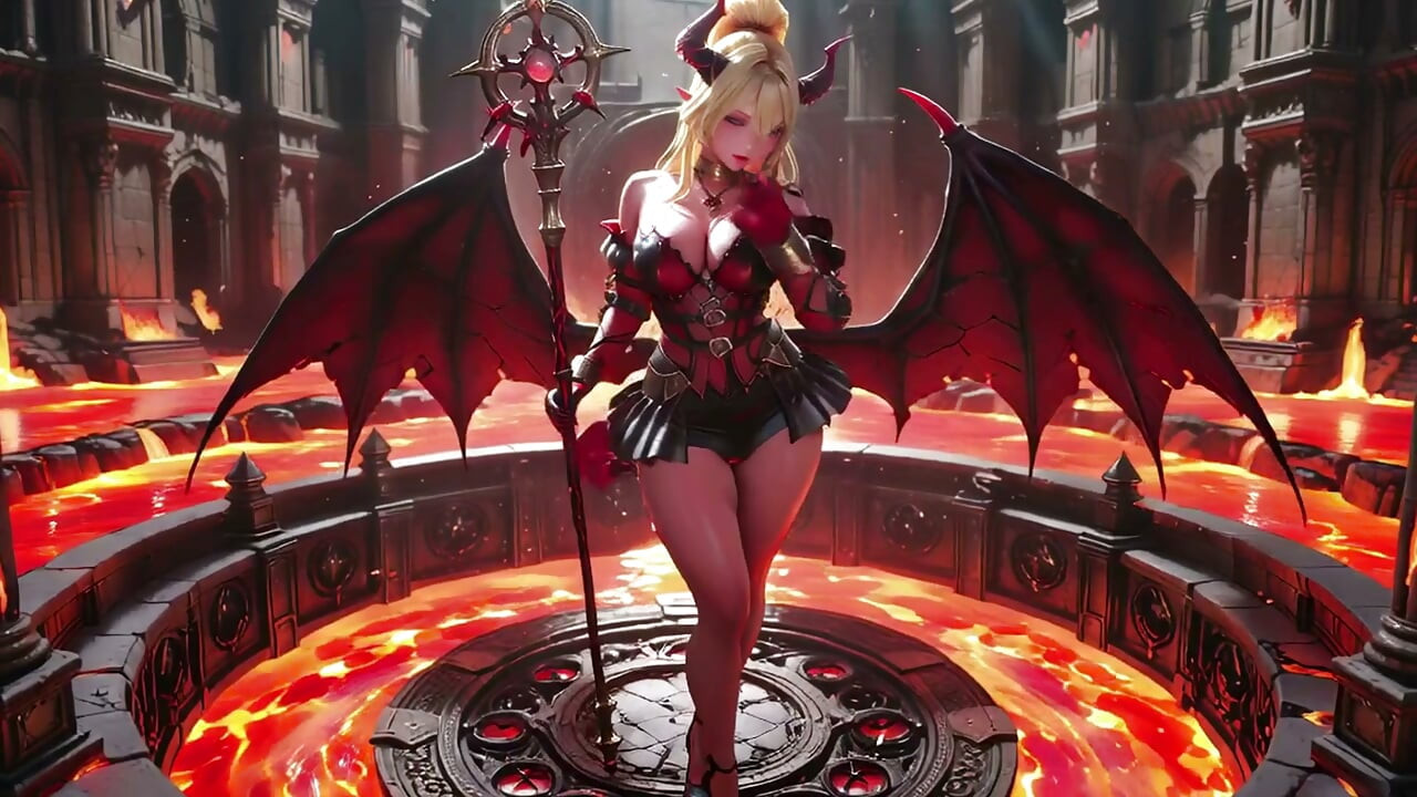 Lava Tron! Blonda Demon Queen Kneels & Își întinde aripile, tachinare leneșă cu un pahar.