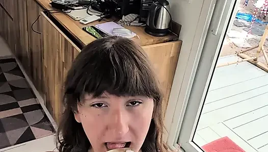 Horny Beautiful Cute Teenage Masturbation Shot from Above with Dildo and Blowjob