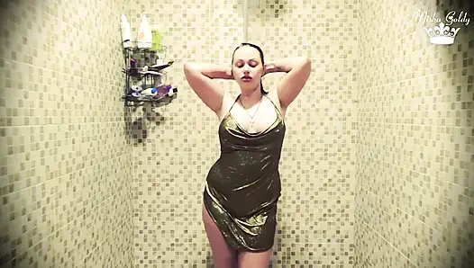 Dripping wet in clothes on shower & seductive hair washing