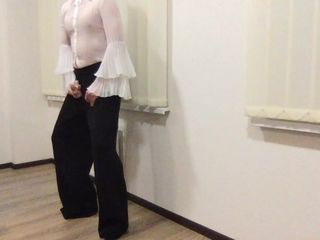 Blouse and wide pants. Secretary jerking