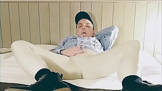 Ass exposure and cock stroking through white vinyl