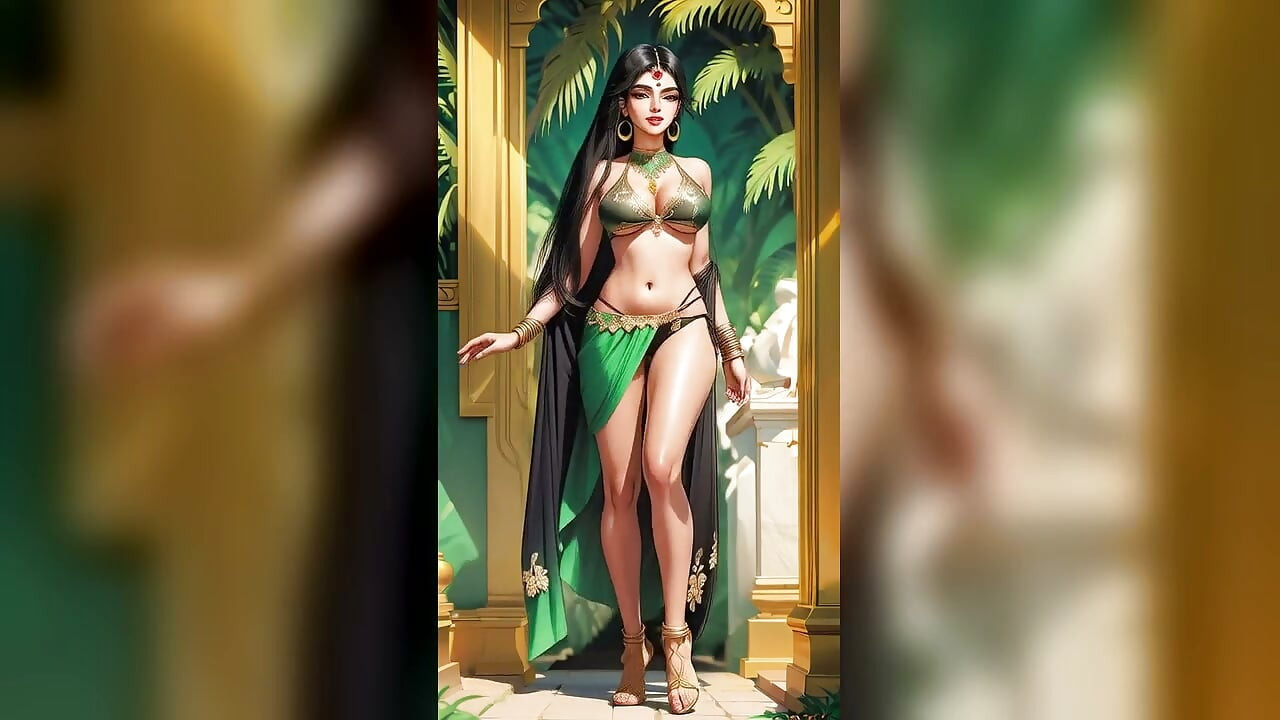 Indická kráska Priya, desi bhabhi v zelených bikinách tančí v chrámové zahradě (AI model)