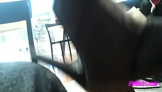 In the Bar Stroking My Husband with My Grey Mini Boots