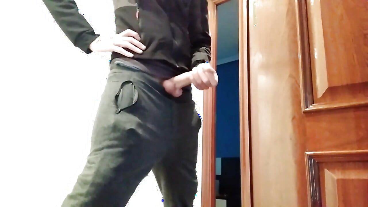 Handjob From Hot Amateur Guy with Big Cock, Shoots at the Door
