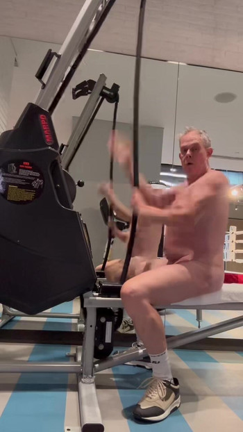 Naked workout in public fitness studio