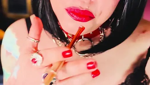A Stunning Brit Smokes A Cigarette Using A Holder - Tina Snua Smoking Smoker Leather Bra
